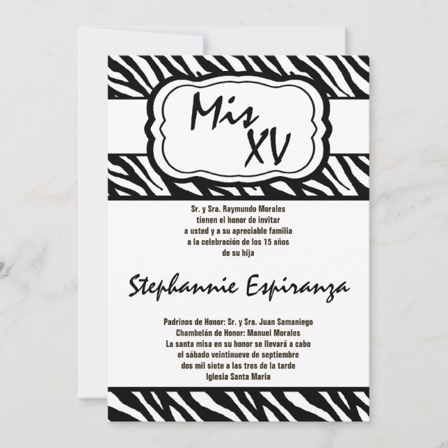 5x7 Black Zebra Print Quinceanera 15 Invitation (Front)