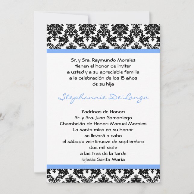 5x7 bleu clair Damas Quinceanera Invitation (Devant)
