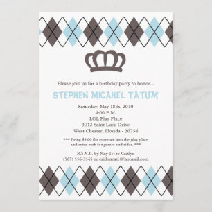 5x7 Blu Gra Argyle Crown Birthday Party Invitation