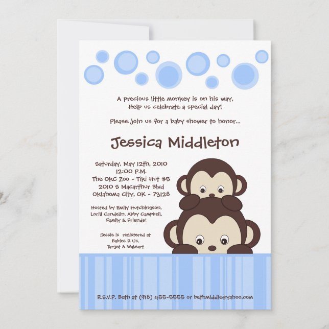5x7 Blue Baby Pop Monkey Baby Shower Invitation (Front)