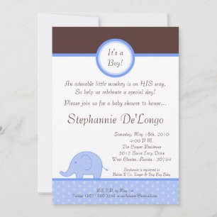 5x7 Blue Boy Mod Elephant Baby shower Invitation