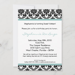 5x7 Blue Damask Invitation de fête d'anniversaire