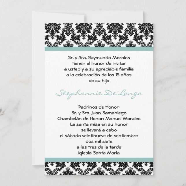 5x7 Blue Damask Quinceanera Invitation (Devant)