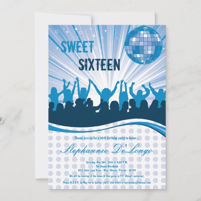 5x7 Blue Dance Party 16e anniversaire Invitation (Devant)