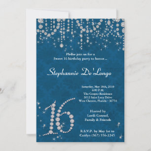5x7 Blue Diamond Sweet 16 Birthday Invitation