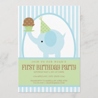 5x7 Blue Elephant Birthday Invitation