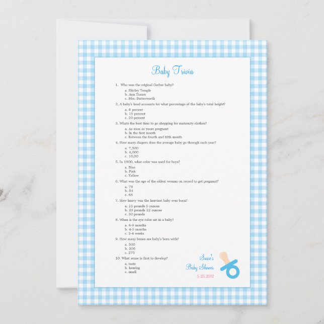 5x7 Blue Gingham Trivia Shower Game (Front)