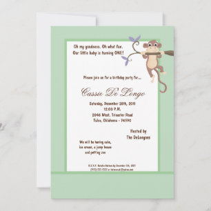 5x7 Blue Green Monkey Birthday Party Invite