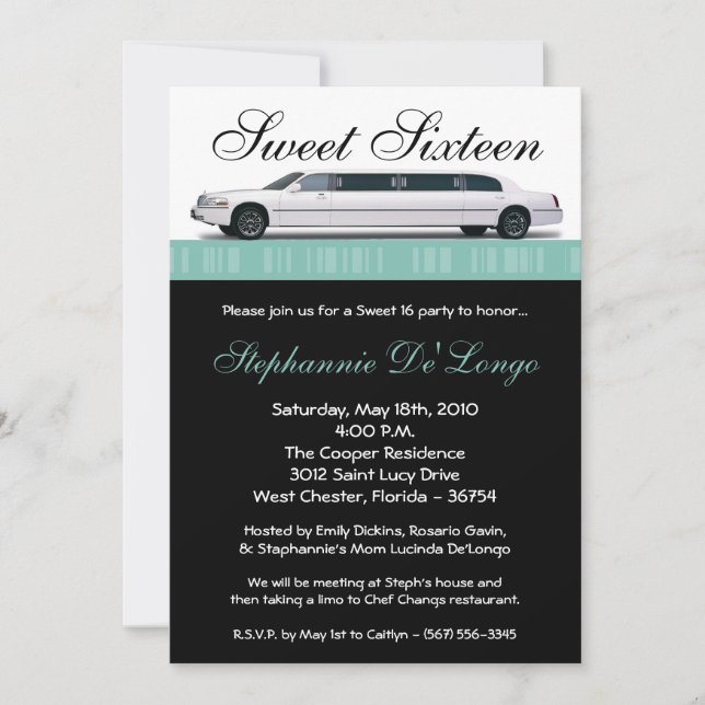 5x7 Blue Limo Sweet 16 Birthday Invitation (Front)