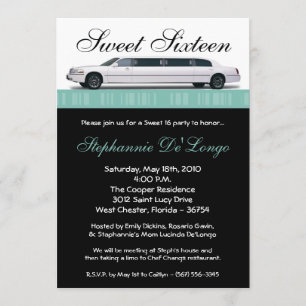 5x7 Blue Limo Sweet 16 Birthday Invitation