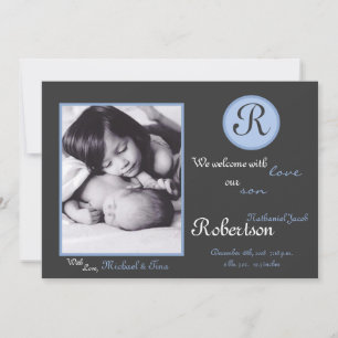 5x7 Blue Monogram Initial Photo Birth Announcement