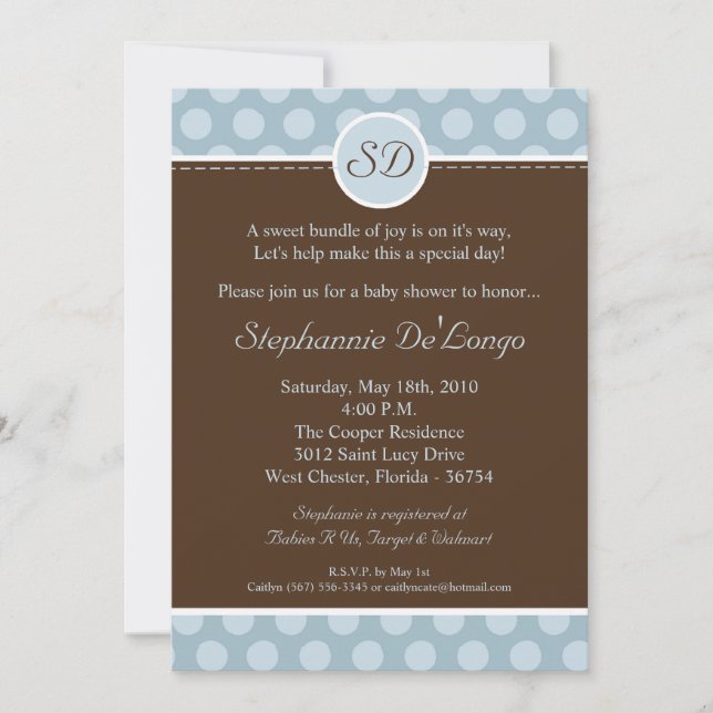5x7 Blue Monogram Polka Dot Baby shower Invitation (Devant)
