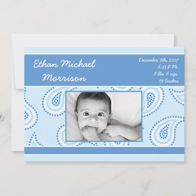 5x7 Blue Paisley Pattern Photo Birth Announcement (Front)