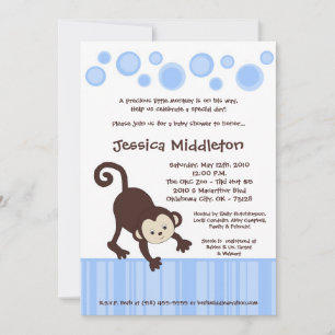 5x7 Blue Pop Monkey Dance Baby Shower Invitation