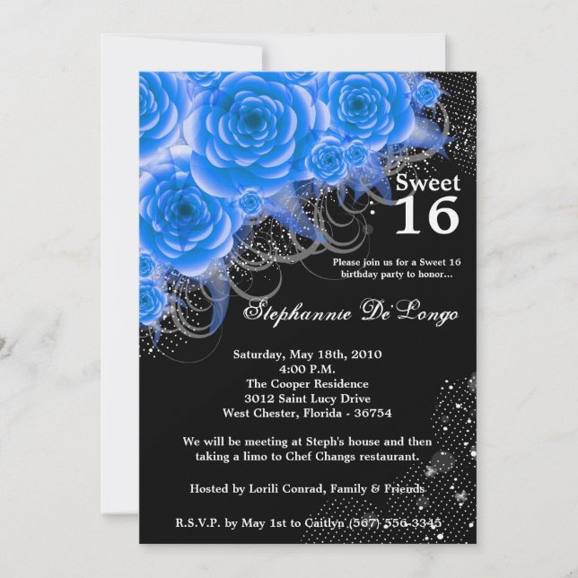 5x7 Blue Roses Floral Sweet 16 Birthday Invitation (Front)