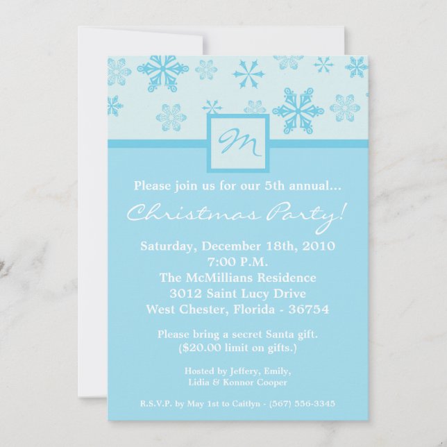 5x7 Blue Snowflakes Christmas Party Invitation (Front)