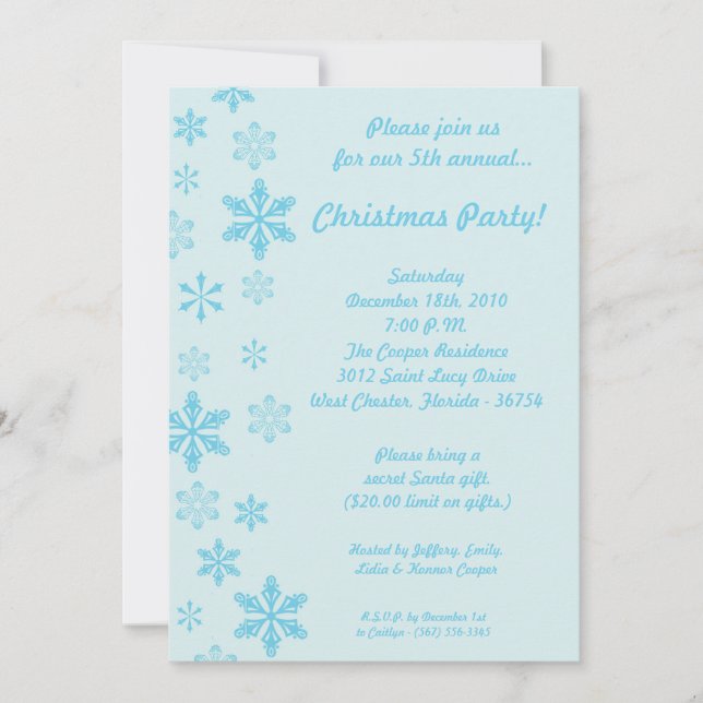 5x7 Blue Snowflakes Christmas Party Invitation (Devant)