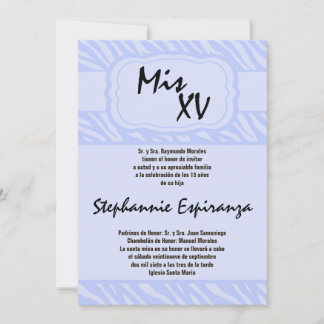 5x7 Blue Zebra Imprimer Quinceanera 15 Invitation