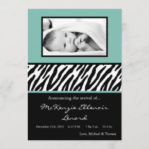 5x7 Blue Zebra PHOTO Birth Announcement