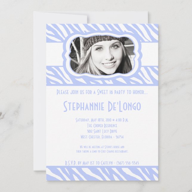 5x7 Blue Zebra PHOTO Sweet 16 Birthday Invitation (Front)