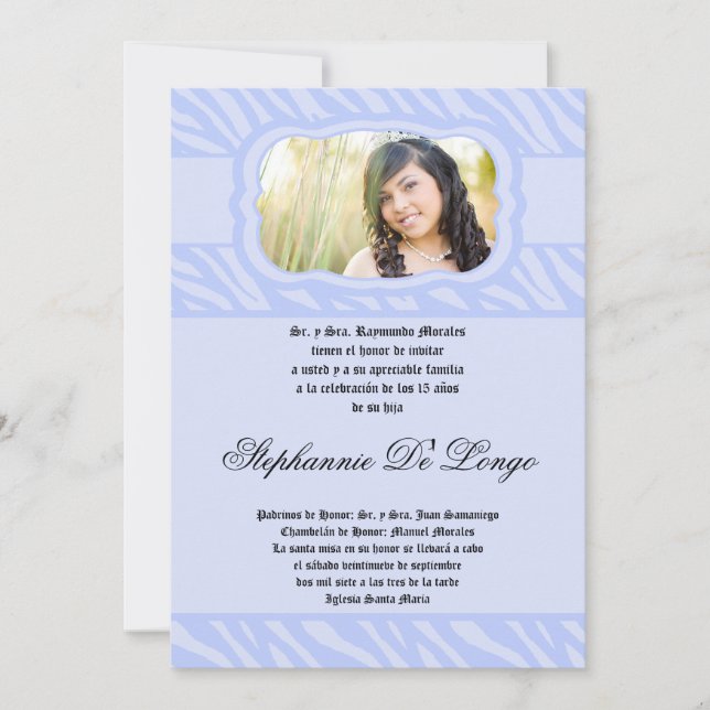5x7 Blue Zebra Print Patter Quinceanera Invitation (Devant)