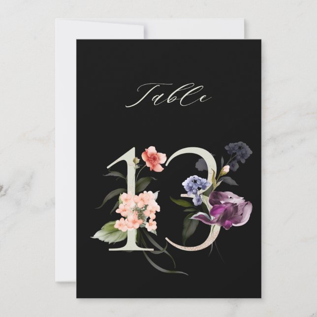5x7 Botanical Floral Number 13, Black Table Number (Front)