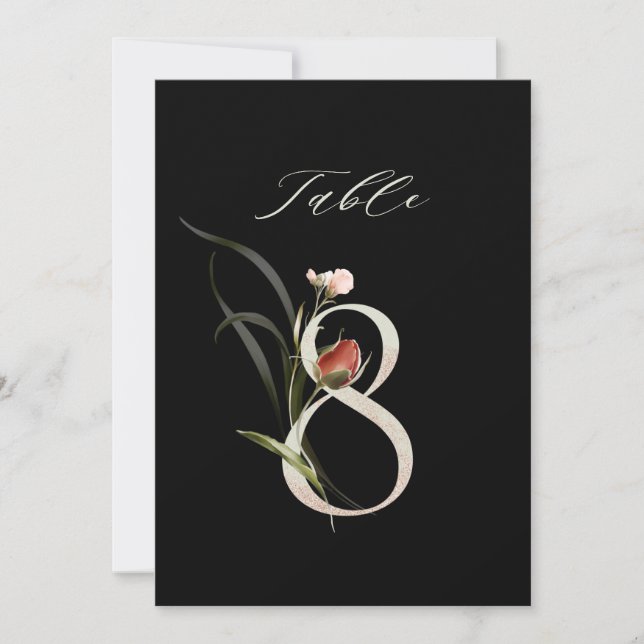 5x7 Botanical Floral Number 8, Black Table Number (Front)