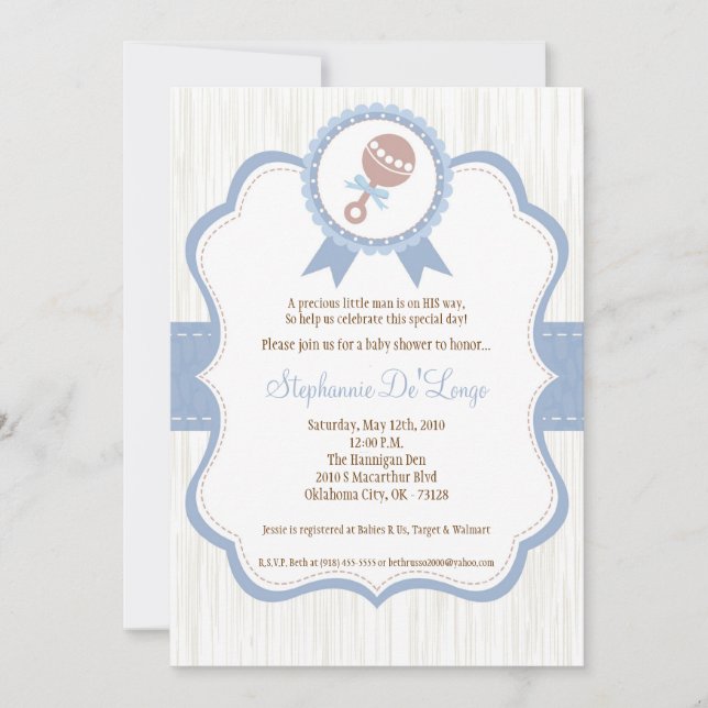 5x7 Boy Blue Baby Rattle Baby Shower Invitation (Front)