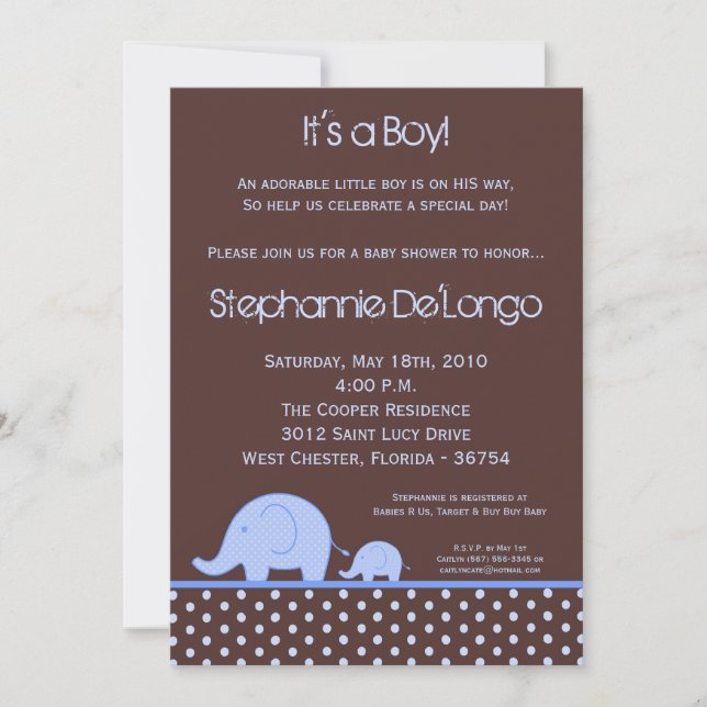 5x7 Boy Blue Mod Elephant Baby shower Invitation (Devant)