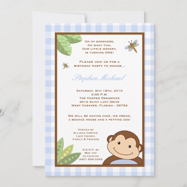 5x7 Boy Blue Papgayo Monkey Invitation d'anniversa (Devant)