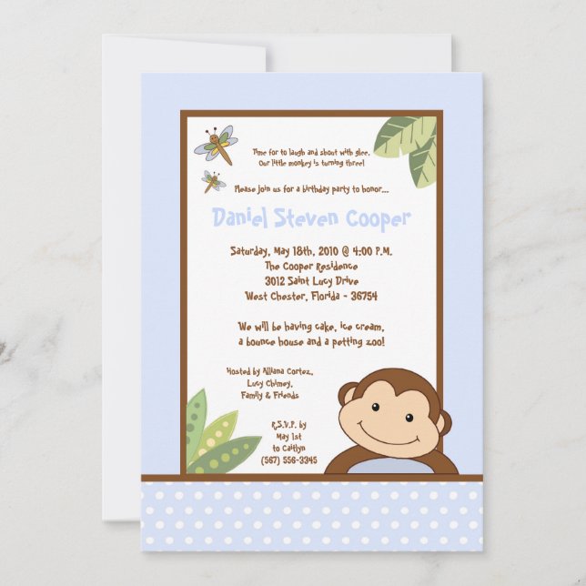5x7 Boy Blue Papgayo Monkey Invitation d'anniversa (Devant)