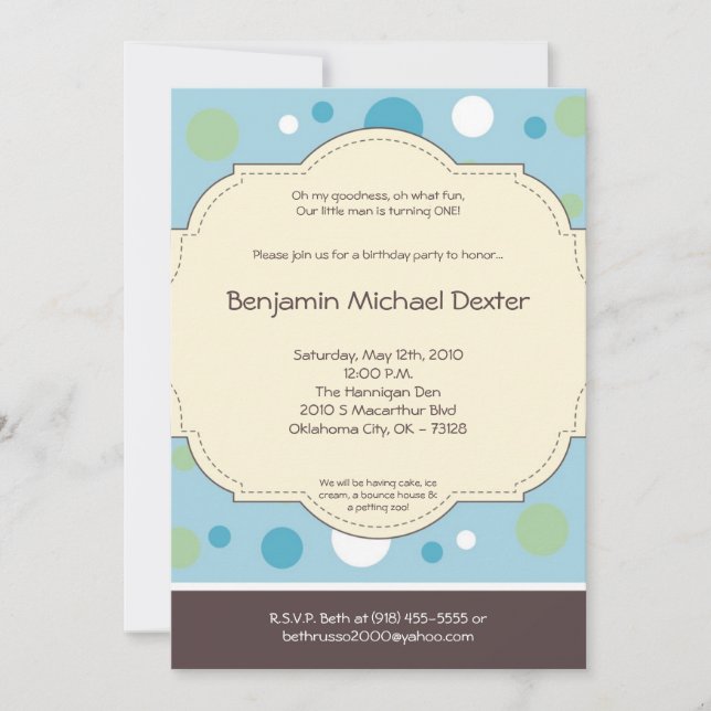 5x7 Boy Blue Polkadot Poke Birthday Invitation (Front)