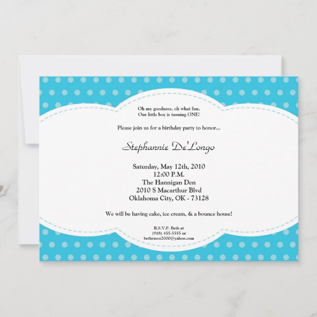 5x7 Boy Blue Polkadot Poke Birthday Invitation (Front)