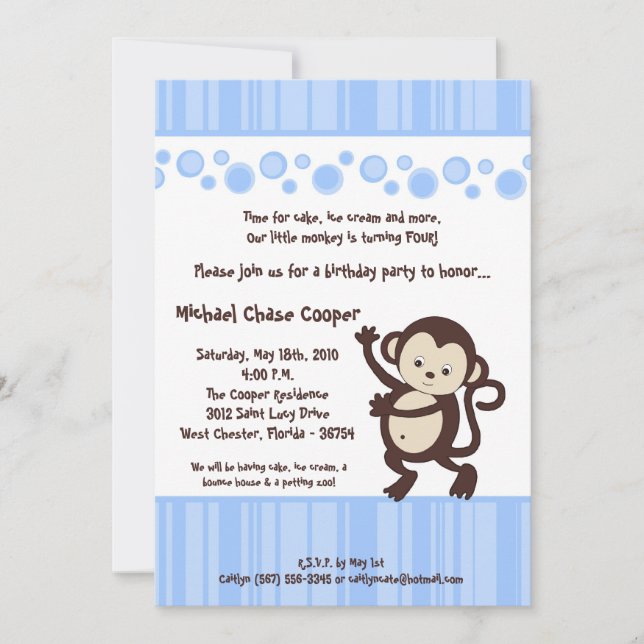 5x7 Boy Blue Pop Monkey Invitation d'anniversaire (Devant)