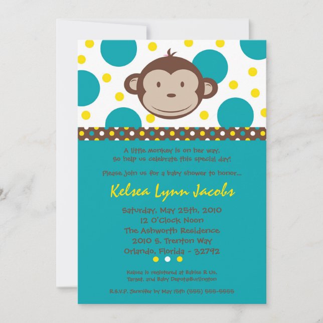 5x7 Boy Modern Mod Monkey Baby Shower Invitation (Front)