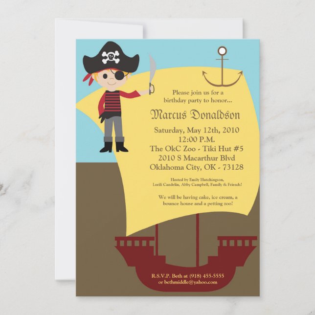 5x7 Boy Pirate Ship Birthday Party Invitation (Front)