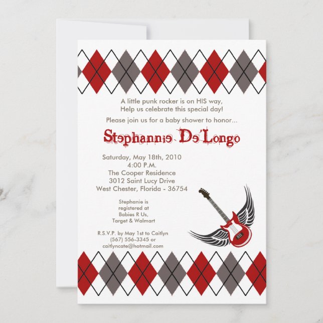 5x7 Boy Punk Rocker Guitar Baby Shower Invitation (Front)