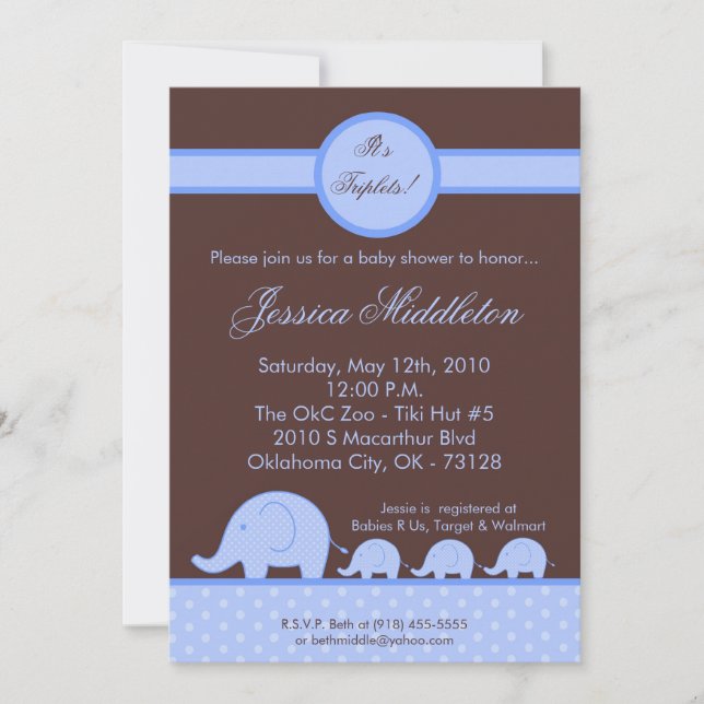 5x7 Boy Triplets Elephant Baby Shower Invitation (Front)