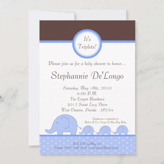 5x7 Boy Triplets Elephant Baby Shower Invitation (Front)