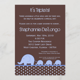 5x7 Boy Triplets Elephant Baby Shower Invitation