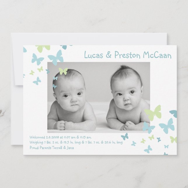 5x7 Boy Twins Butterfly Photo Birth Announcement (Front)