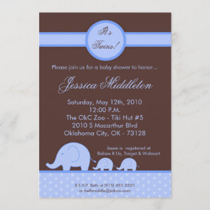 5x7 Boy Twins Mod Elephant Baby shower Invitation