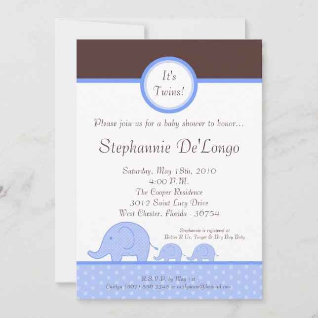 5x7 Boy Twins Mod Elephant Baby shower Invitation (Devant)