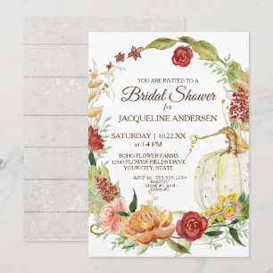 5x7 Bridal Shower Fall Floral Wreath White Pumpkin Invitation