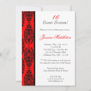 5x7 Brite Red Damask Invitation de fête d'annivers