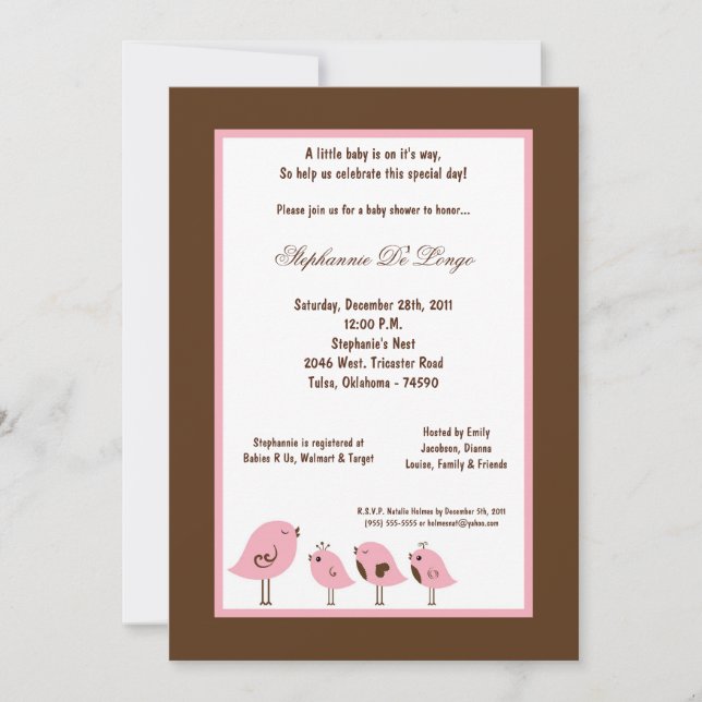 5x7 Brown Bird Baby Shower Invitation (Front)