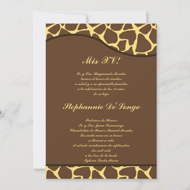 5x7 Brown Giraffe Jaune Quinceanera Invitation de  (Devant)