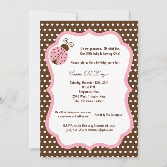 5x7 Brown Lady Bug Birthday Party Invite (Front)