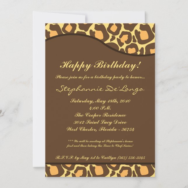 5x7 Brown Leopard Print Birthday Party Invitation (Front)