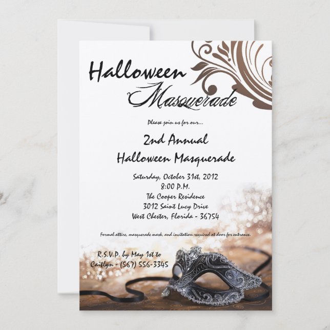 5x7 Brown Masquerade Halloween Costume Invitation (Devant)